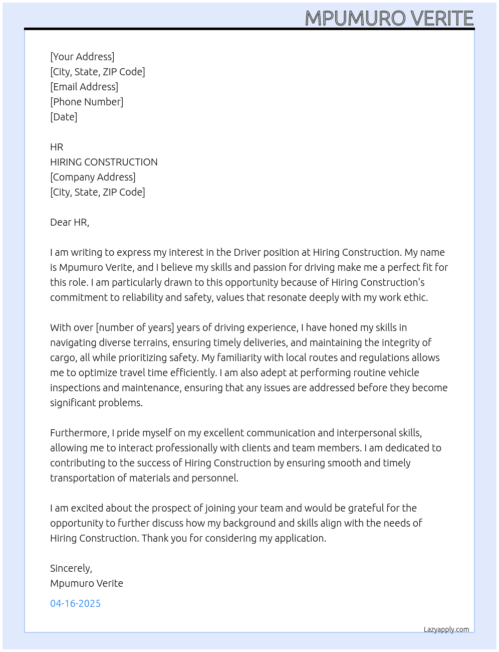 DRIVER At HIRING CONSTRUCTION  Cover Letter
