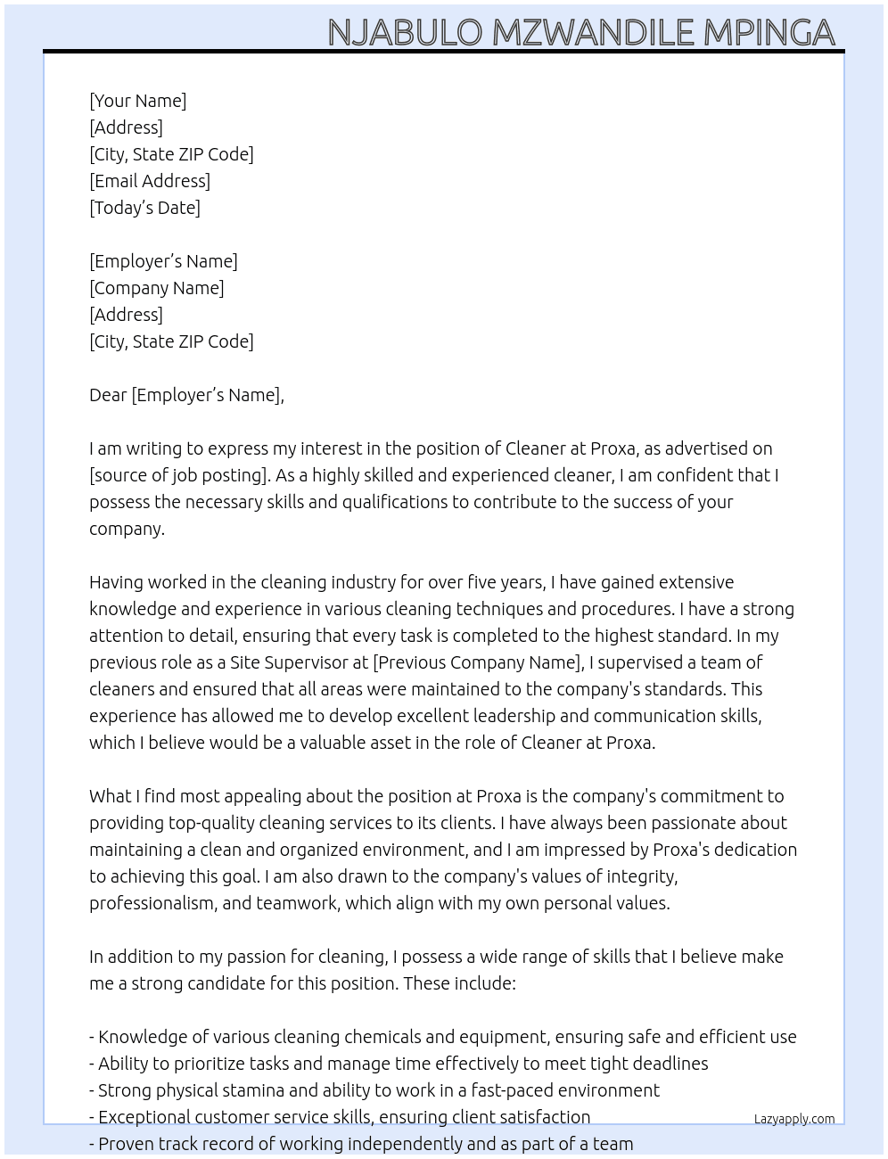 Cleaner  At Proxa Cover Letter