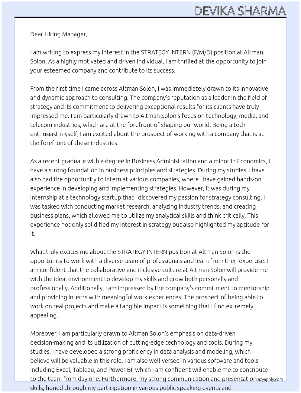 STRATEGY INTERN (F/M/D) At Altman Solon Cover Letter
