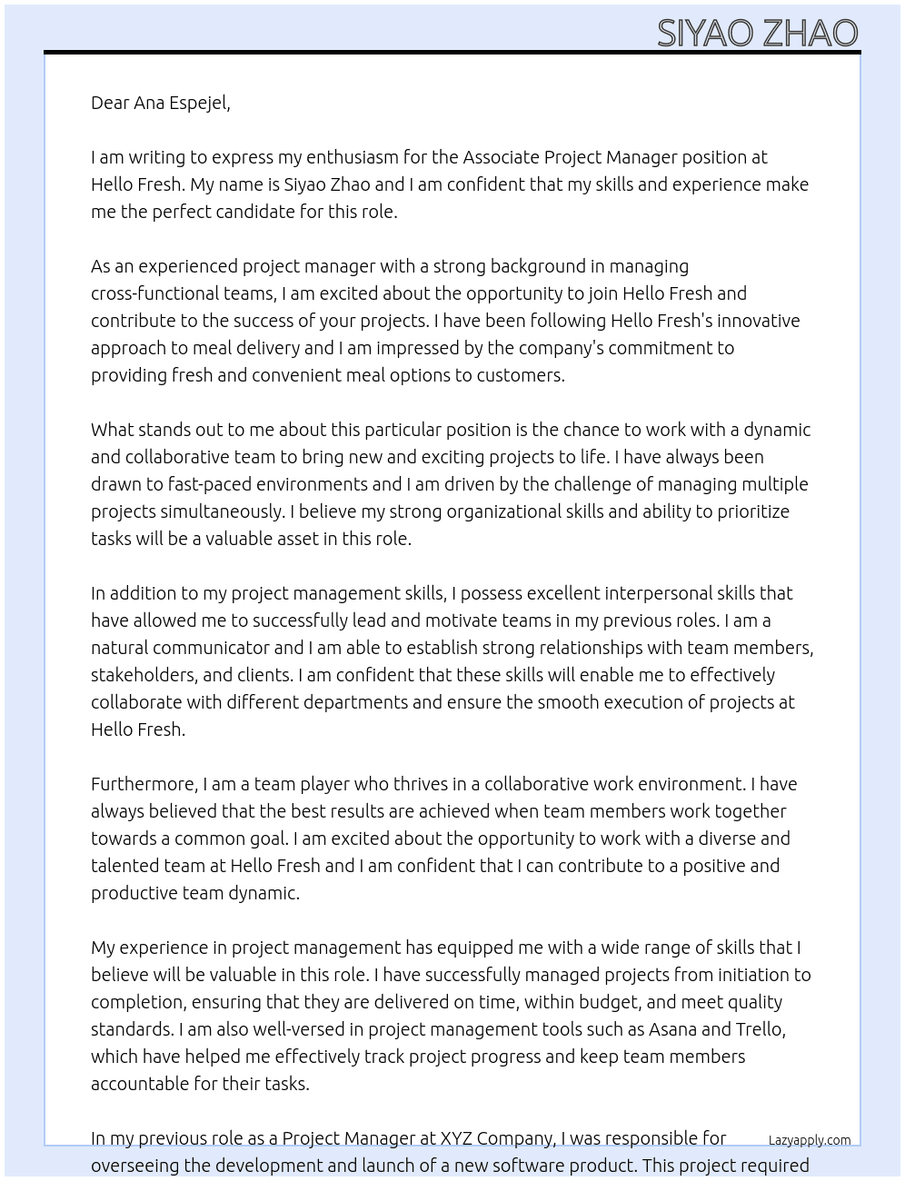 Associate Project Manager At Hello Fresh Cover Letter