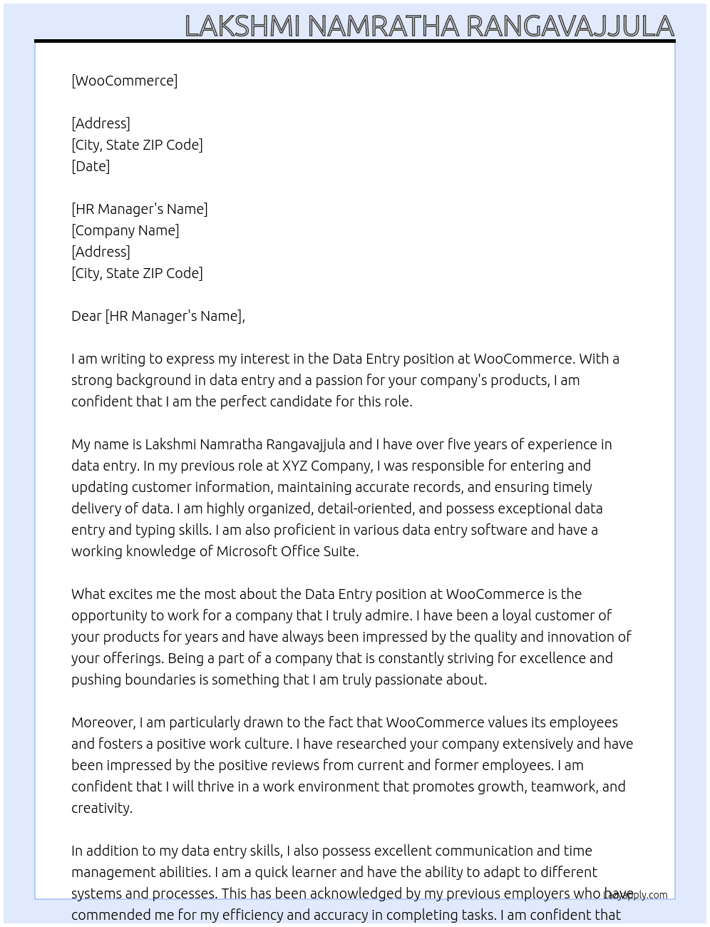 data entry At WooCommerce Cover Letter