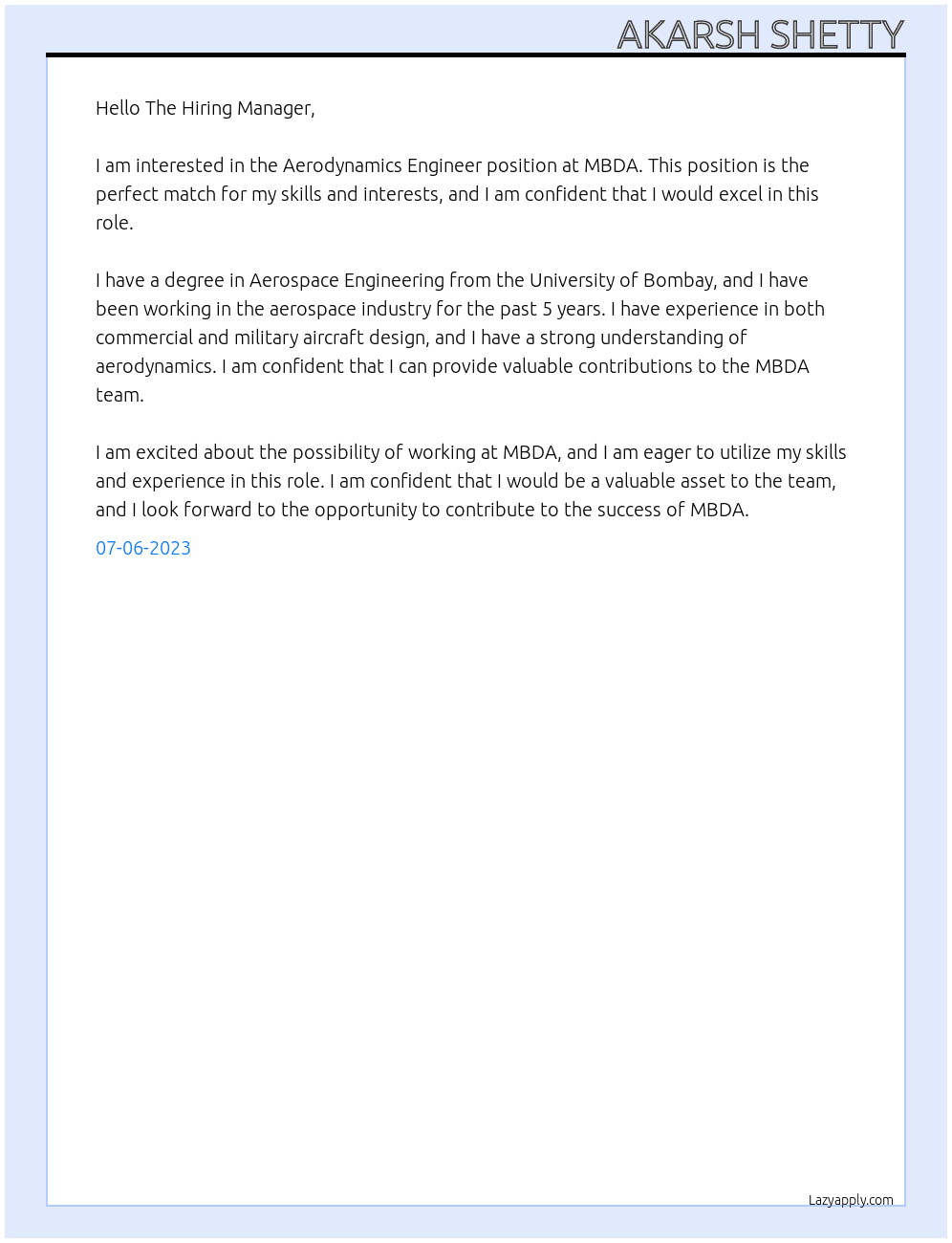 Aerodynamics Engineer At MBDA Cover Letter