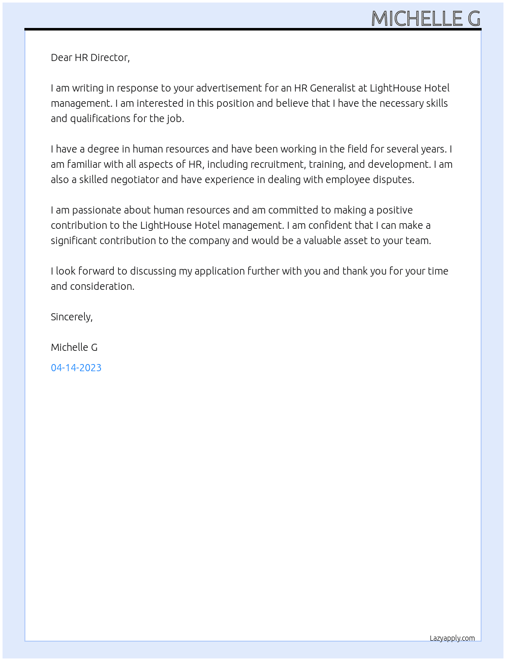 HR Generalist At LightHouse Hotel management Cover Letter