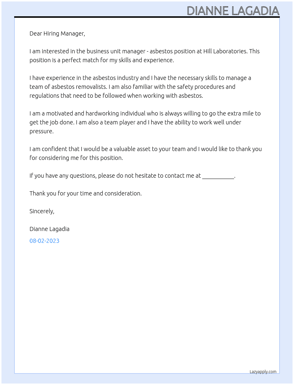 business unit manager - asbestos At Hill Laboratories Cover Letter