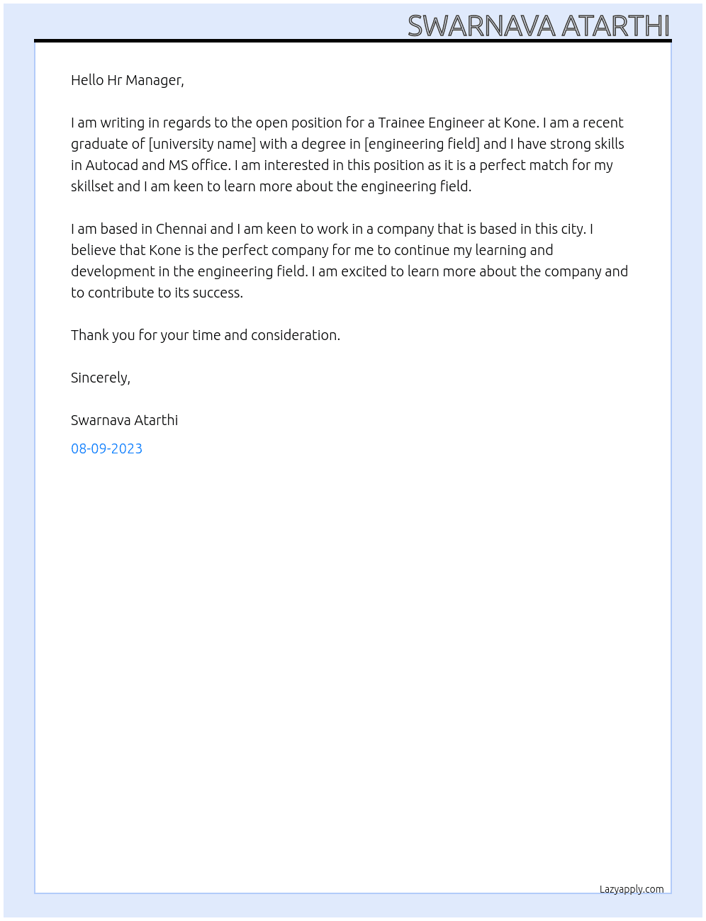 Diploma Engineer At Kone Cover Letter