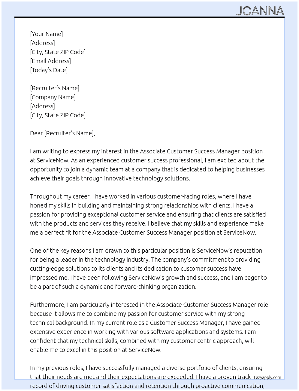 Associate Customer Success Manager At servicenow Cover Letter