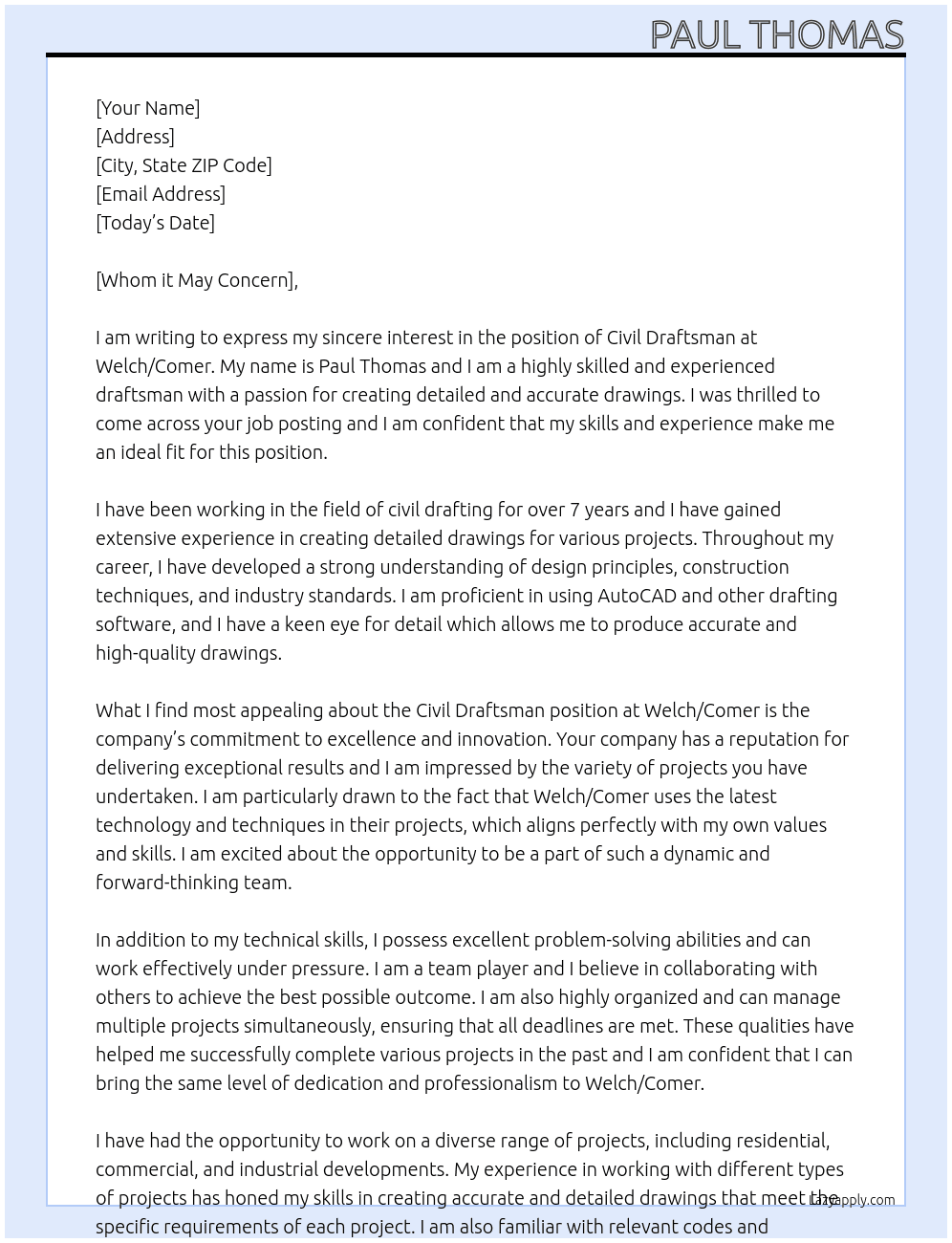 Civil Draftsman At Welch/Comer Cover Letter