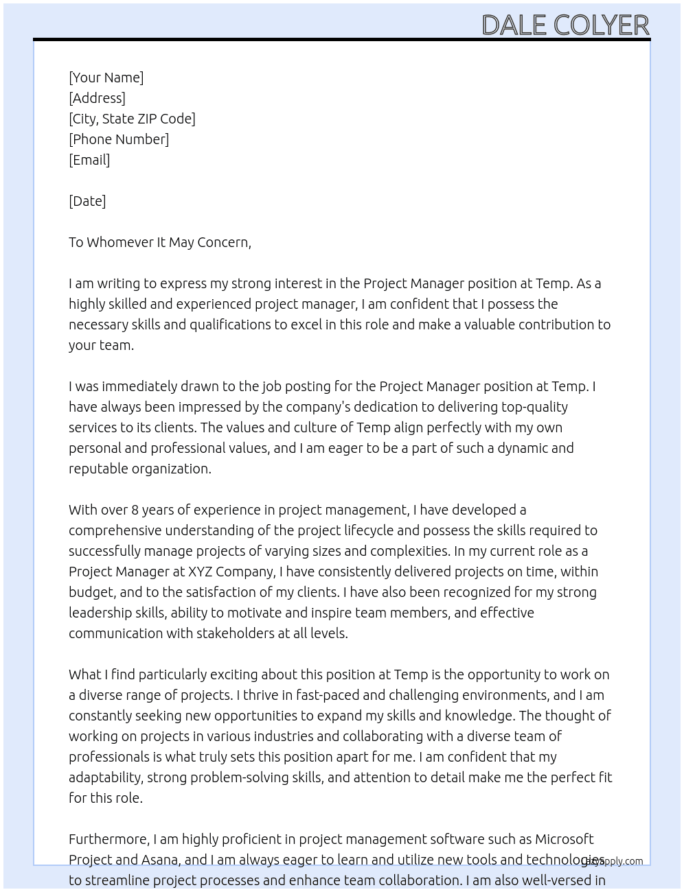 Project Manager At Temp Cover Letter