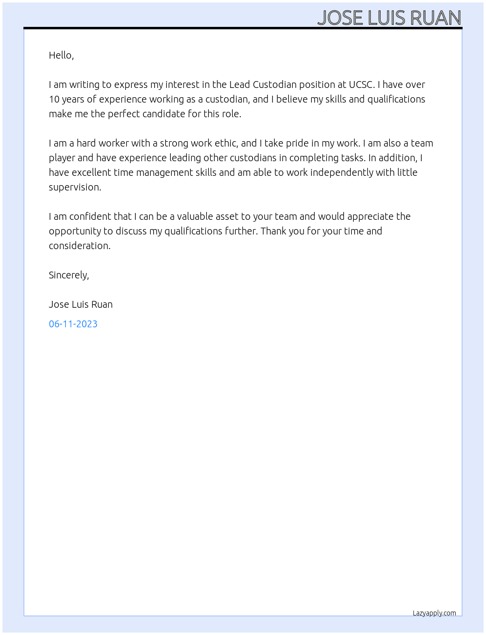 Lead custodian At ucsc Cover Letter