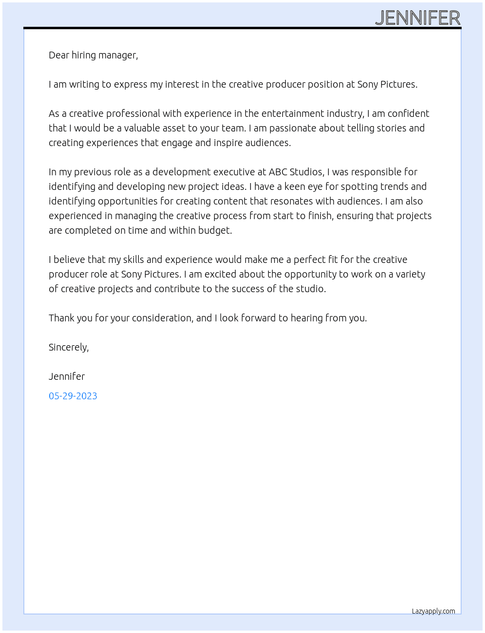 creative producer At sony pictures Cover Letter