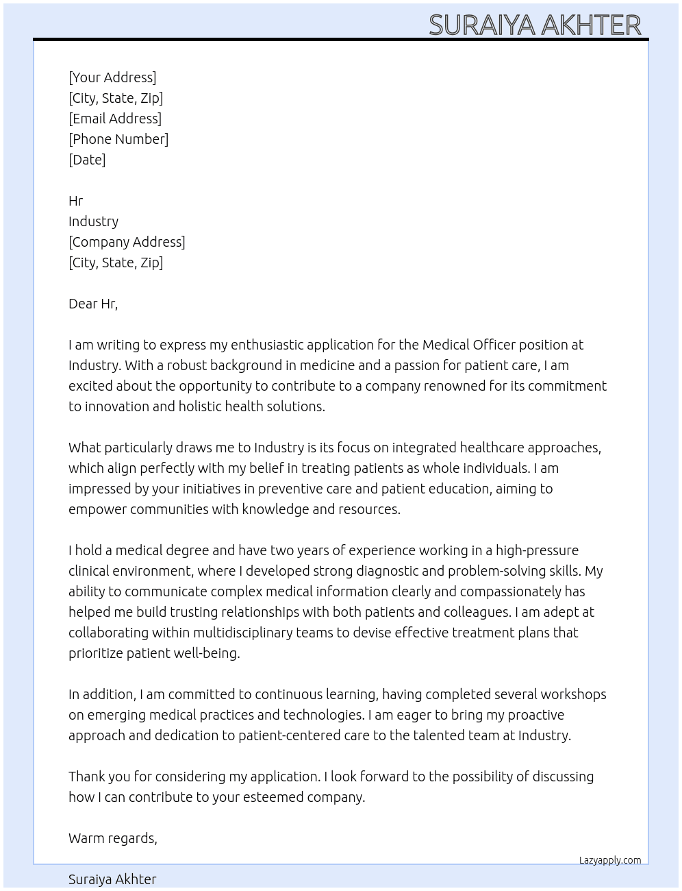 Medical Officer  At Industry  Cover Letter