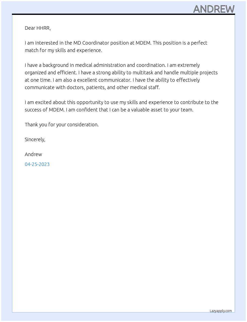 MD Coordinator At MDEM Cover Letter