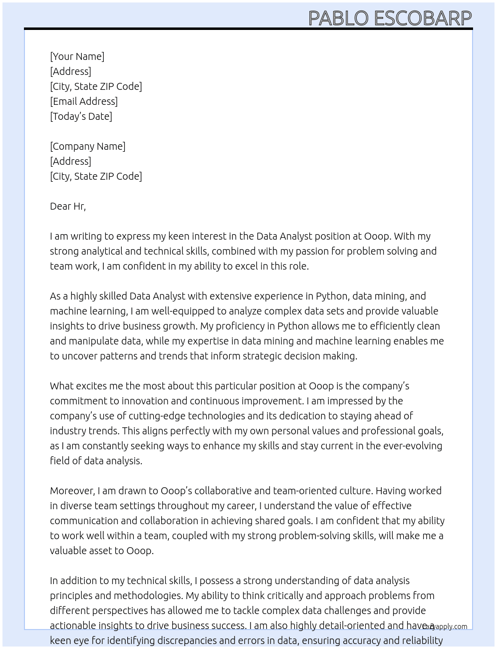 Data Analyst At Ooop Cover Letter