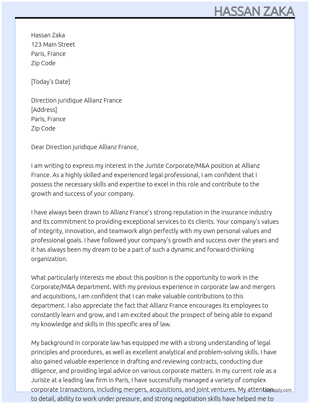 juriste corporate/M&A At Allianz France Cover Letter