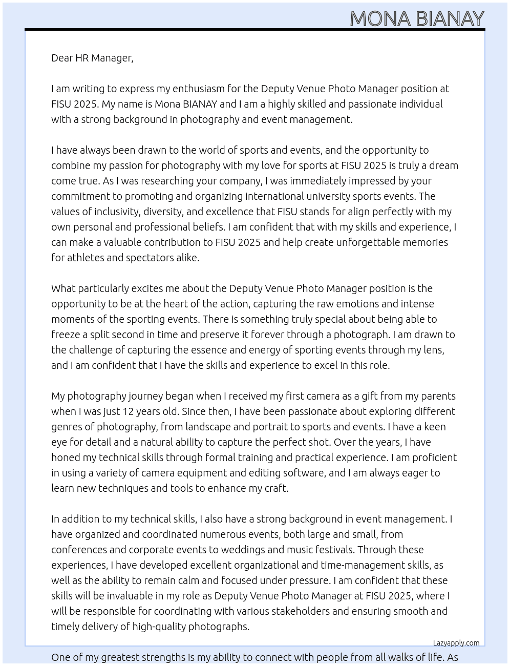 Deputy Venue Photo manager At FISU 2025 Cover Letter