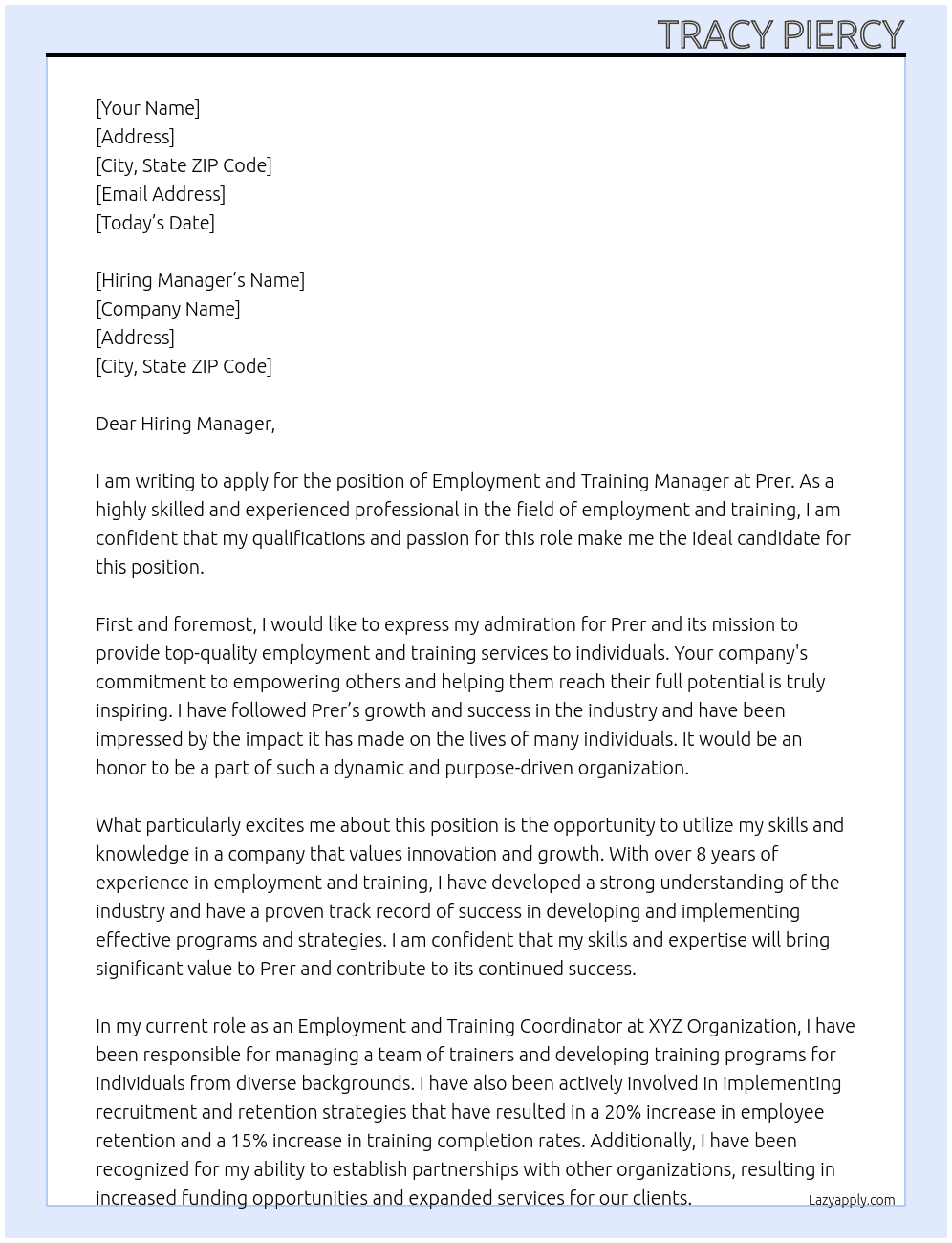 Employment and Training Manager At Prer Cover Letter