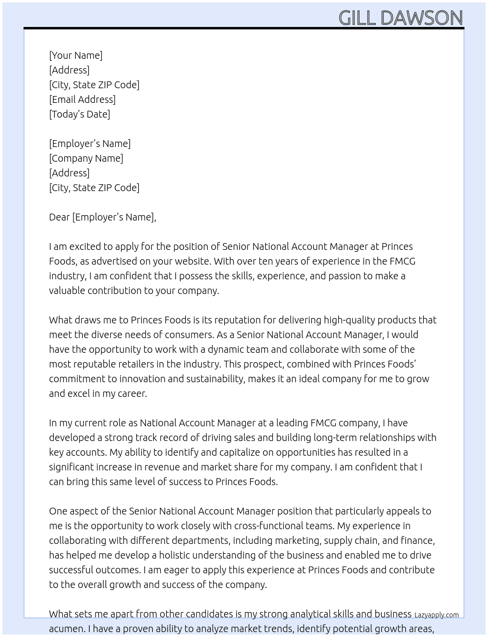 Senior National Account Manager At Princes Foods Cover Letter