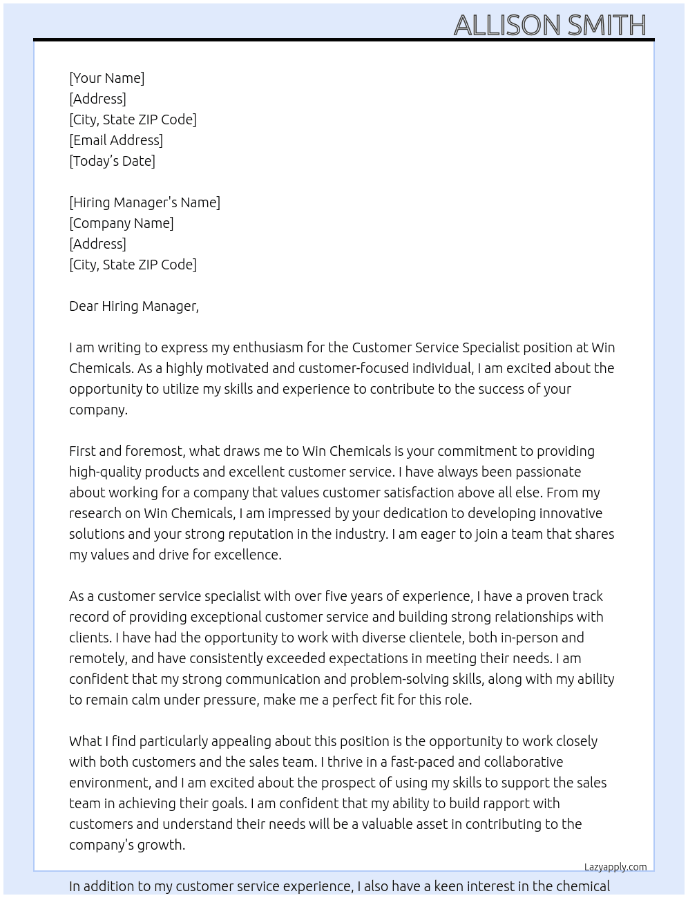 Customer Service Specialist  At Win Chemicals  Cover Letter