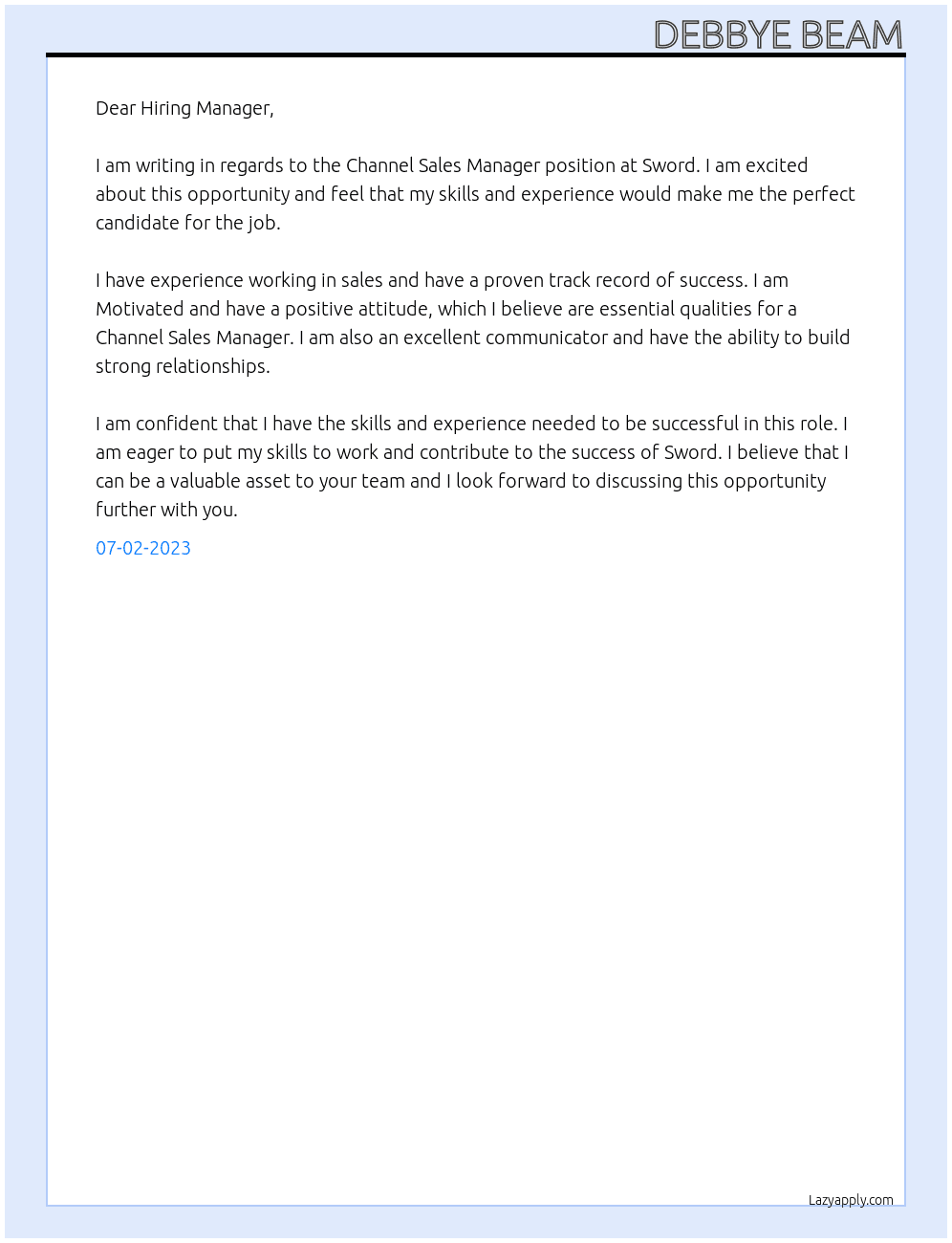 Channel Sales Manager  At Sword  Cover Letter