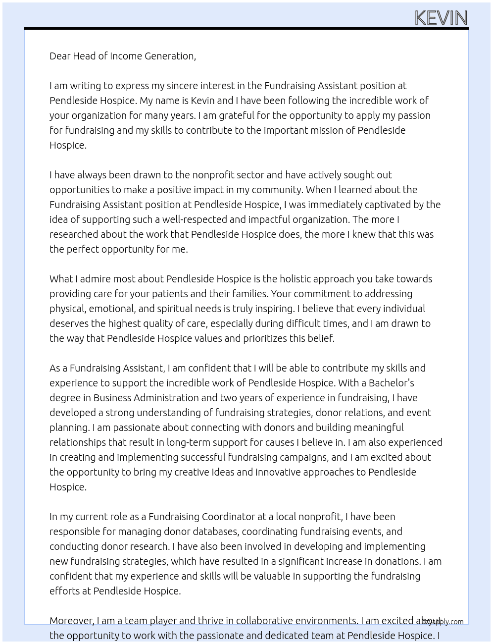 Fundraising Assistant  At Pendleside Hospice Cover Letter