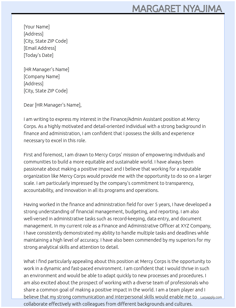 Finance/admin assistant  At Mercy corps  Cover Letter