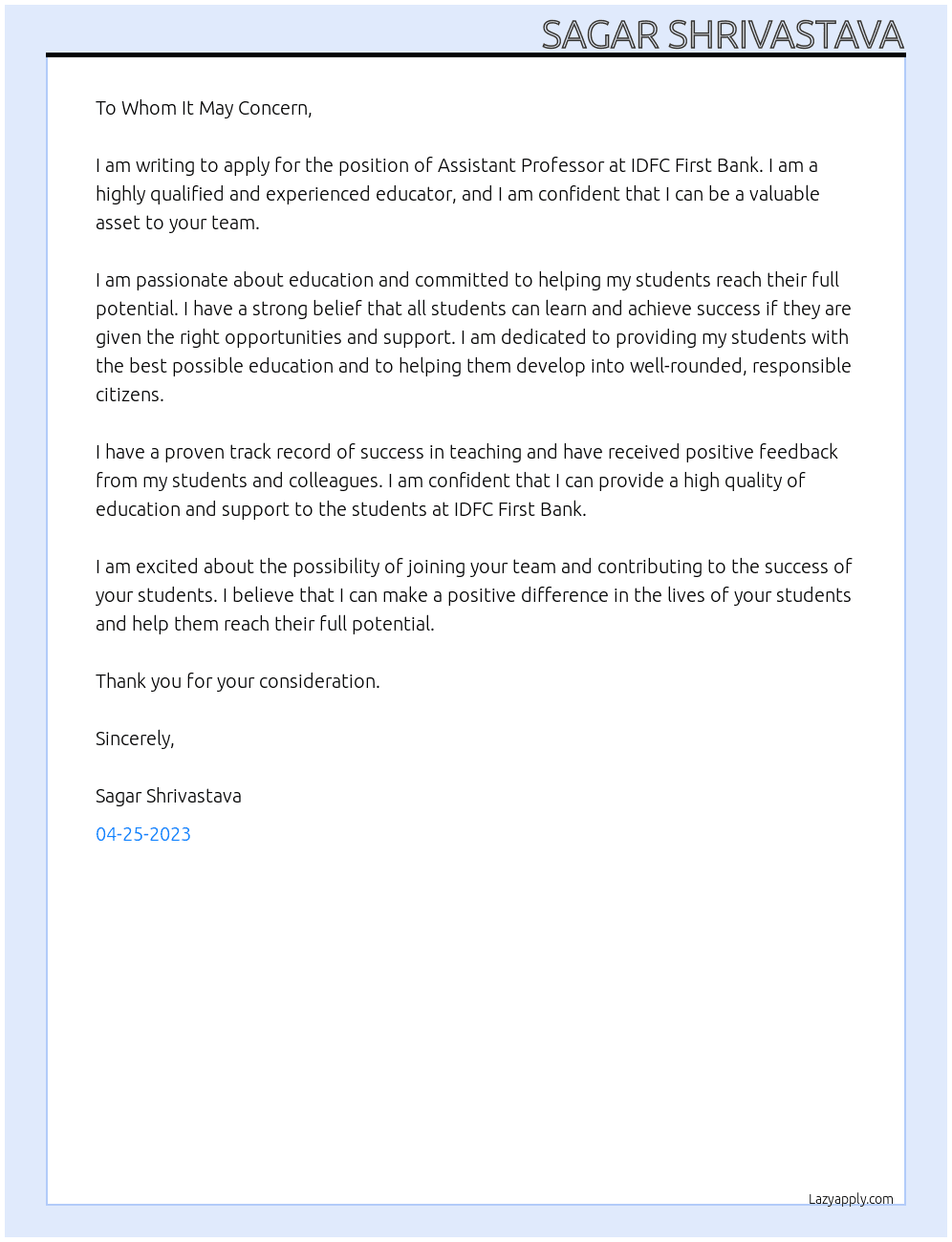 assistant professor At IDFC Private Banker-First Private  Cover Letter