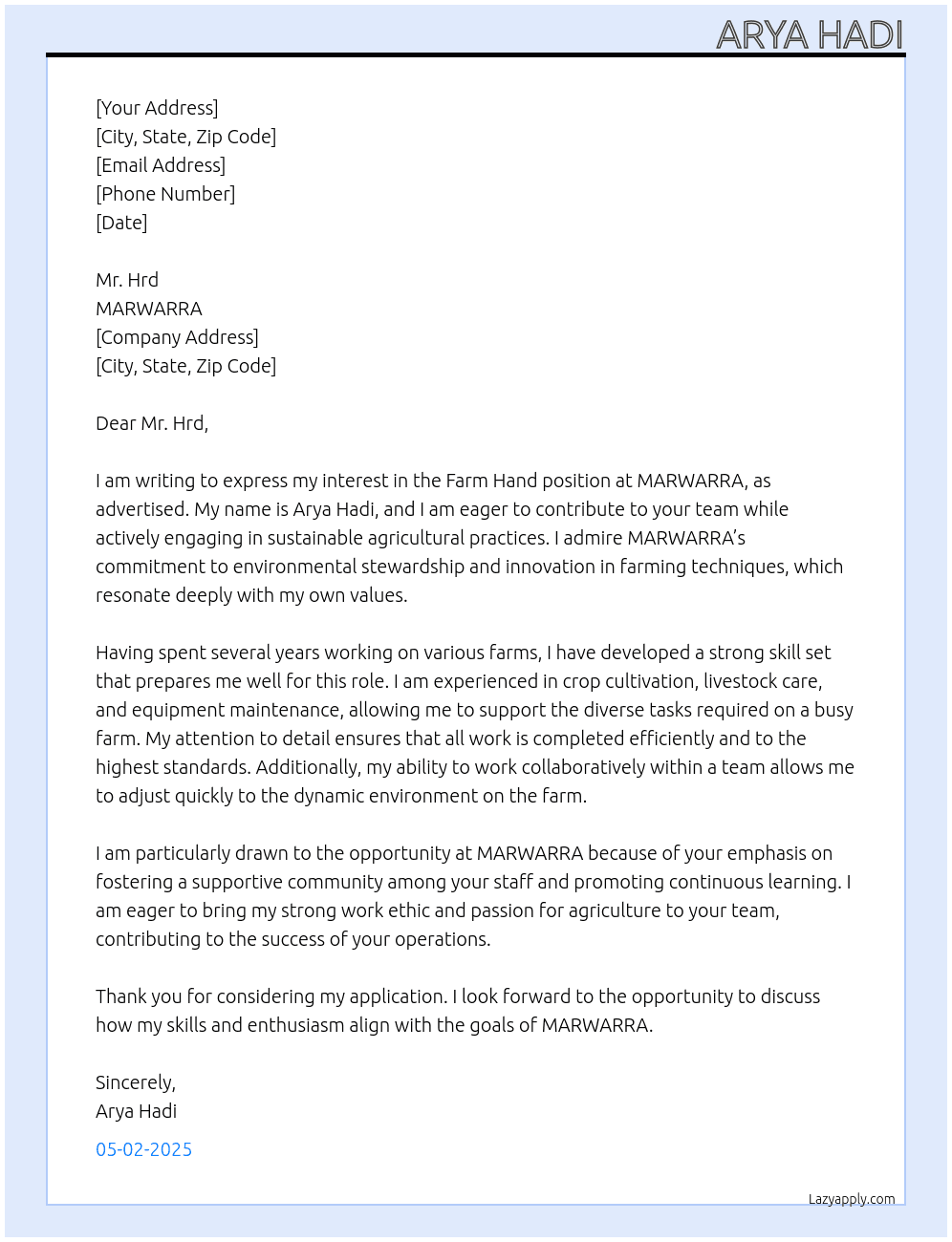 Cover letter for farm hand - LazyApply
