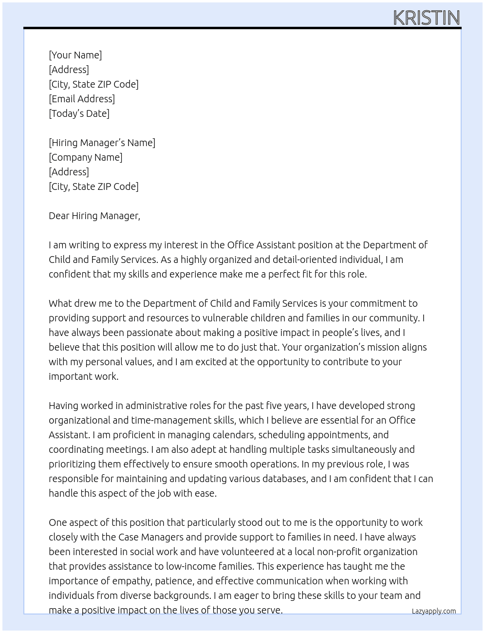 Office Assistant  At Department of Child and Family Services Cover Letter