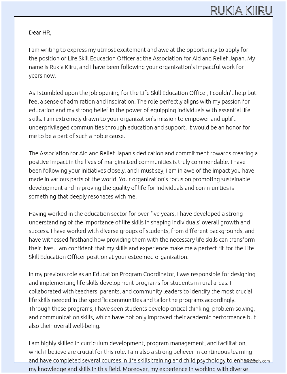 Life Skill Education Officer At Association for Aid and Relief Japan Cover Letter