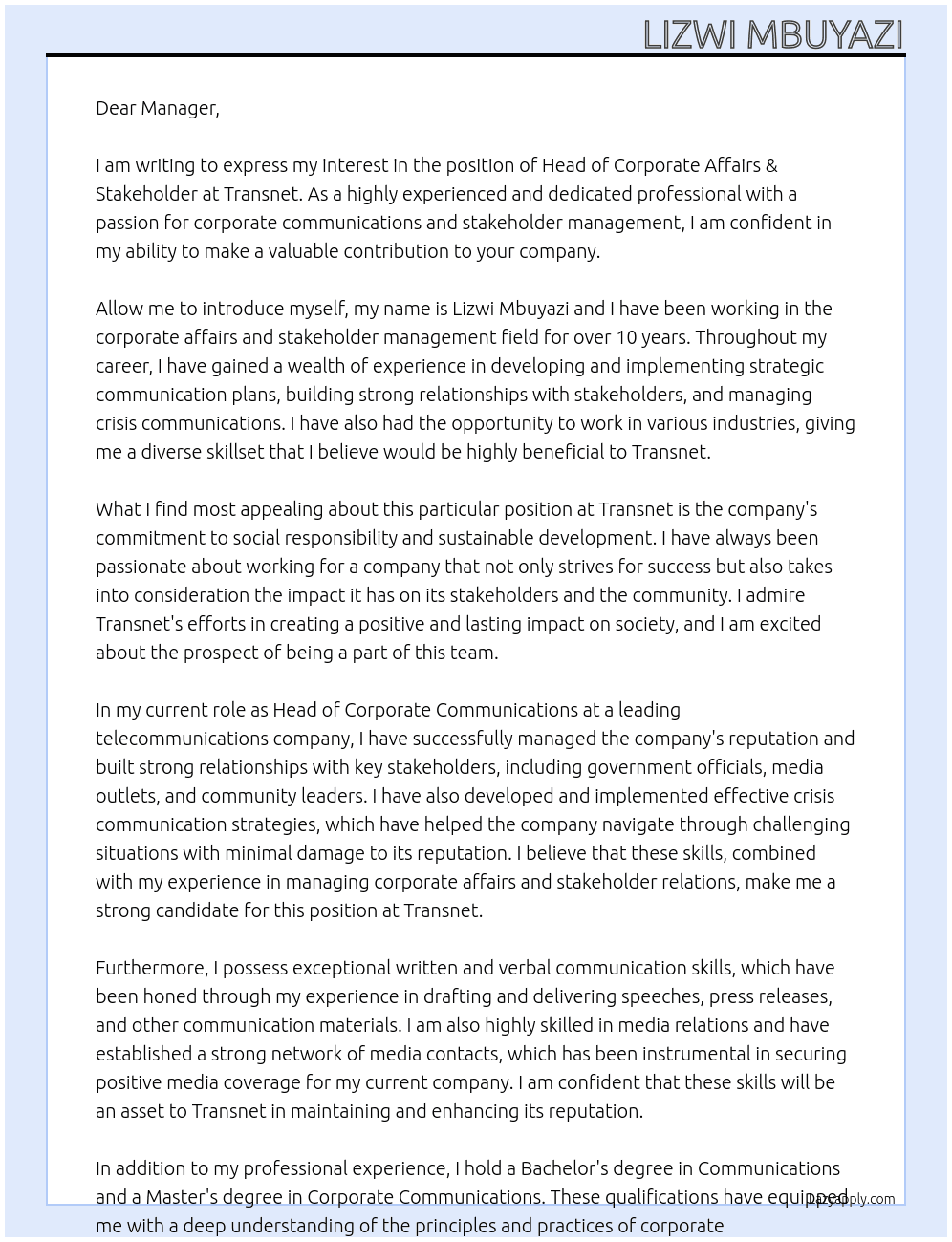 Cover letter for head of corporate affairs & stakeholder - LazyApply