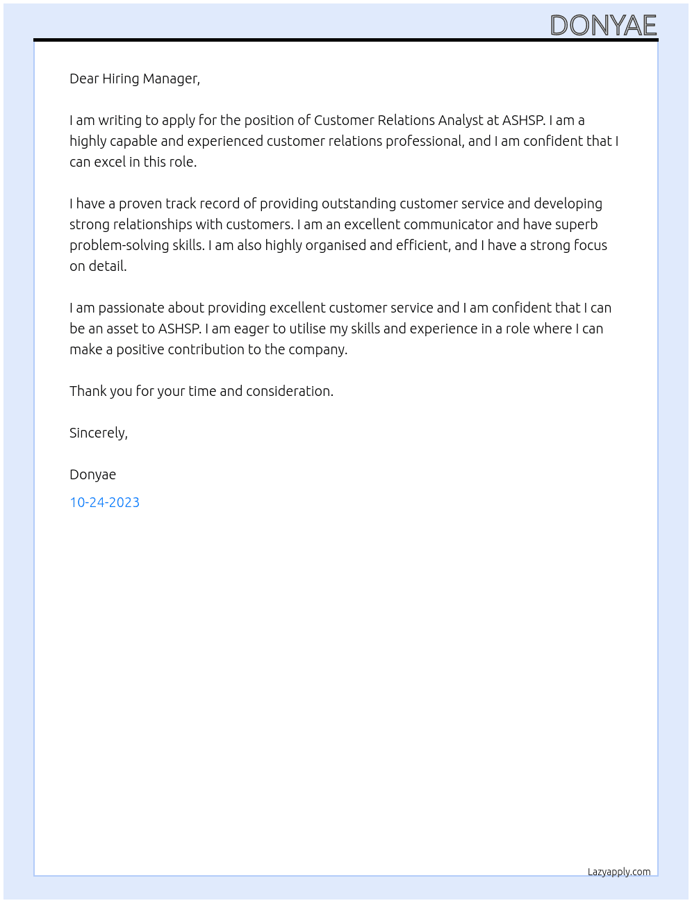 Customer Relations Analyst At ASHSP Cover Letter