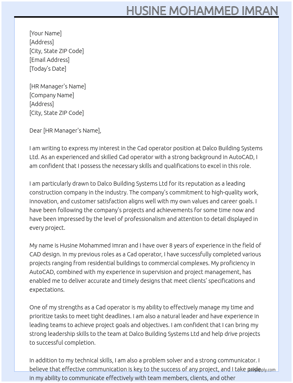 Cad operator  At Dalco Building Systems Ltd Cover Letter