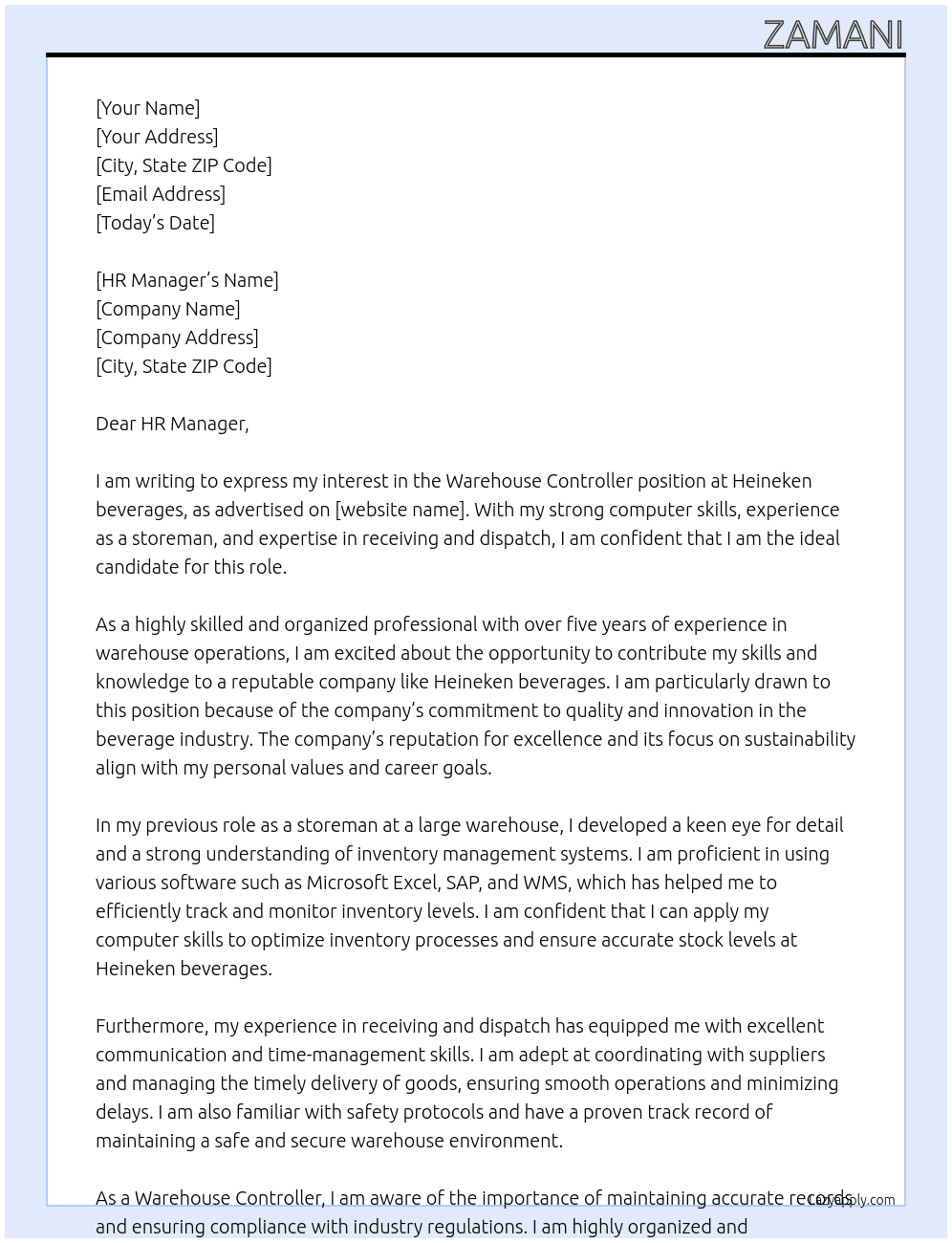 Warehouse Controller  At Heineken beverages  Cover Letter