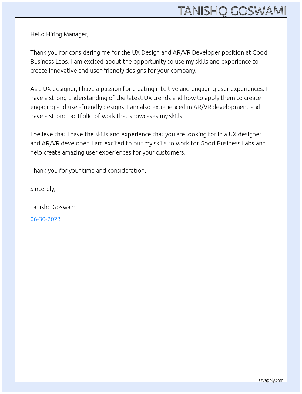 UX Design and AR/VR Developer At Good Business Labs Cover Letter