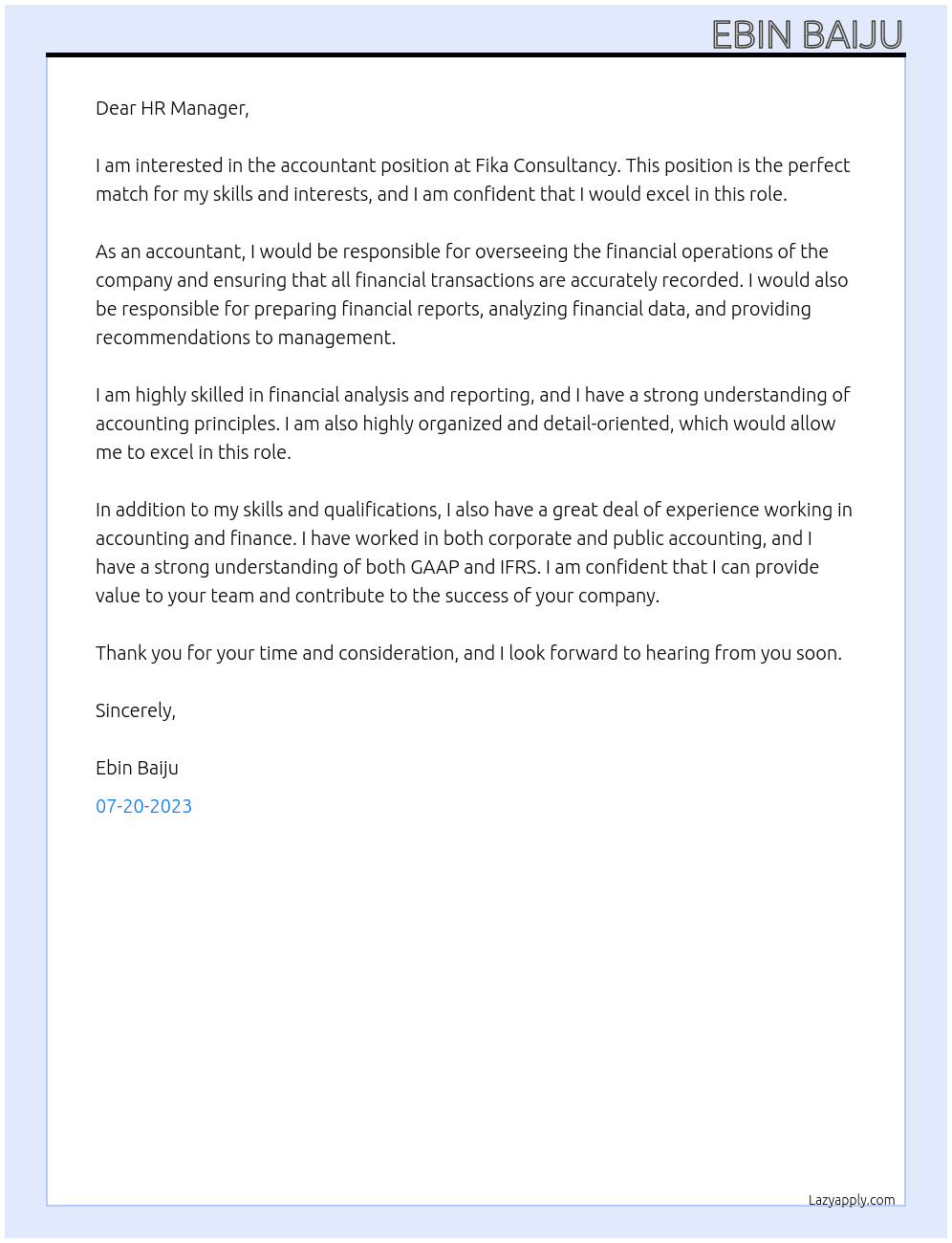 Accountant At Fika Consultancy Cover Letter