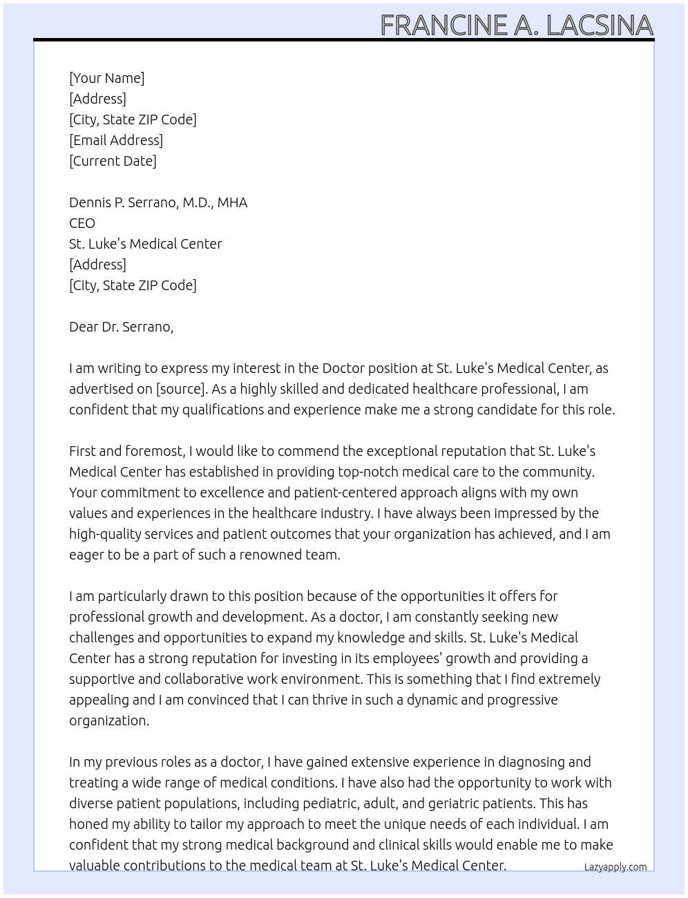 Doctor At St. Luke's Medical Center Cover Letter