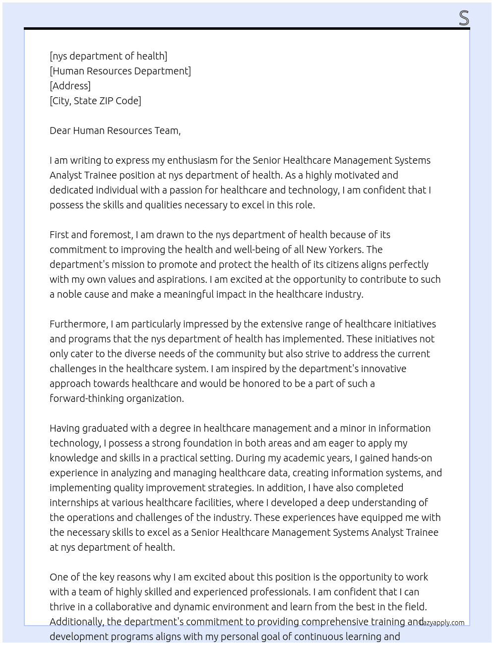 senior healthcare management systems analyst trainee At nys department of health Cover Letter