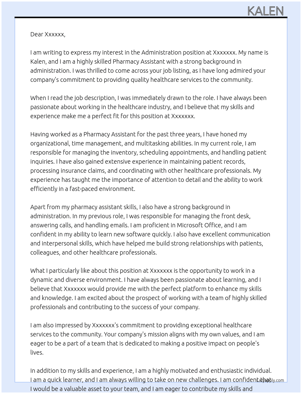 Administration  At Xxxxxxx Cover Letter