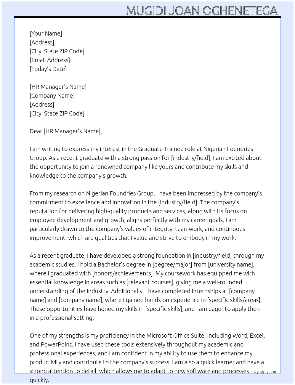 Graduate trainee At Nigerian Foundries Group Cover Letter