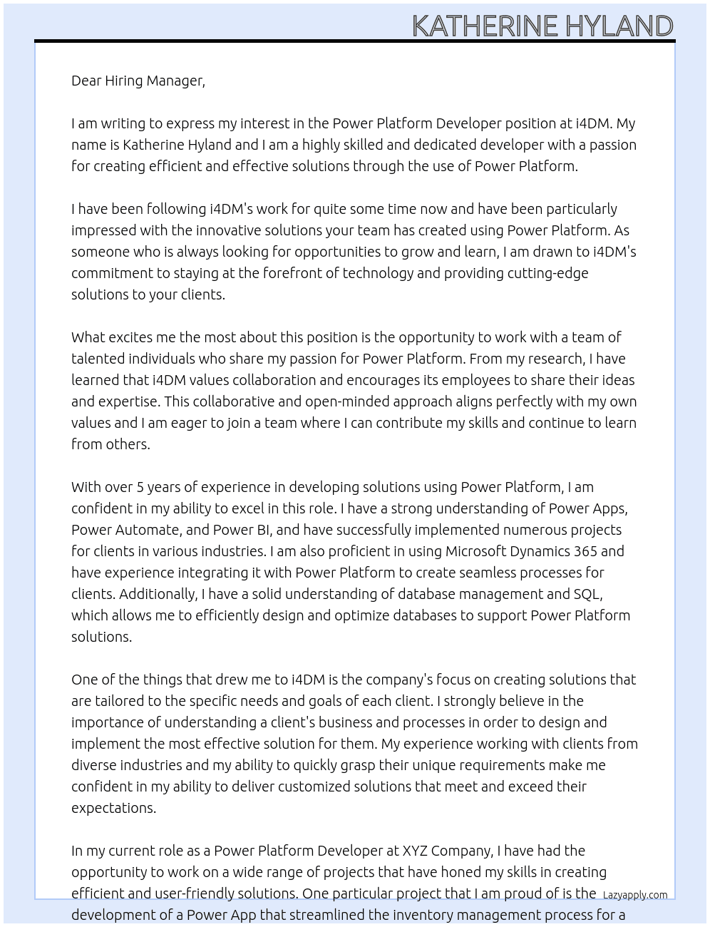 Power Platform Developer At  i4DM Cover Letter