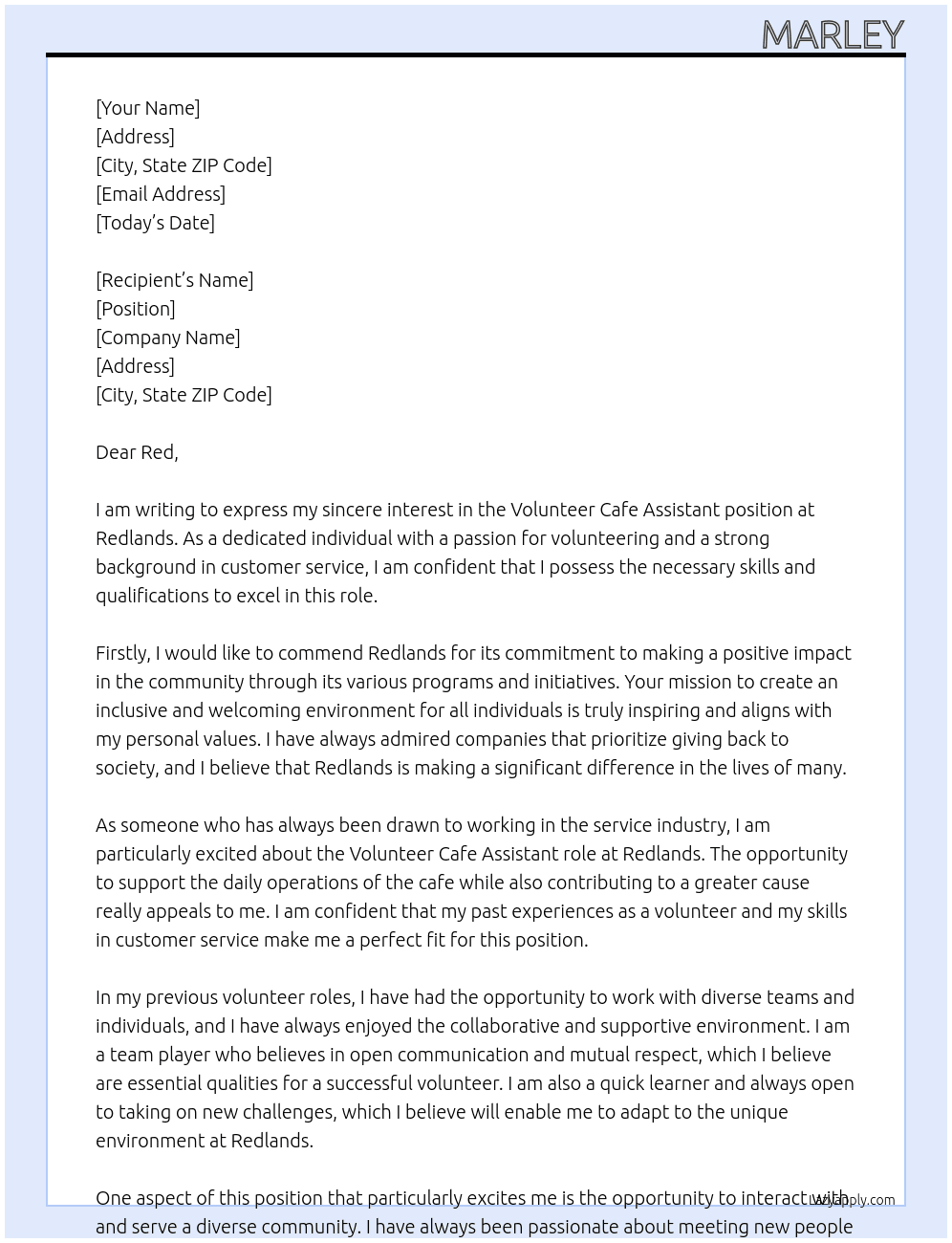 Volunteer cafe assistant At Redlands Cover Letter
