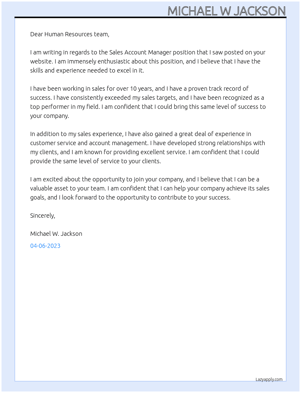 Sales account manager At Test Cover Letter