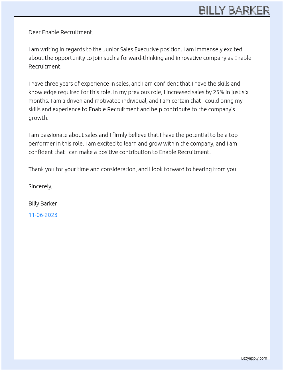 Junior Sales Executive At Enable Recruitment Cover Letter