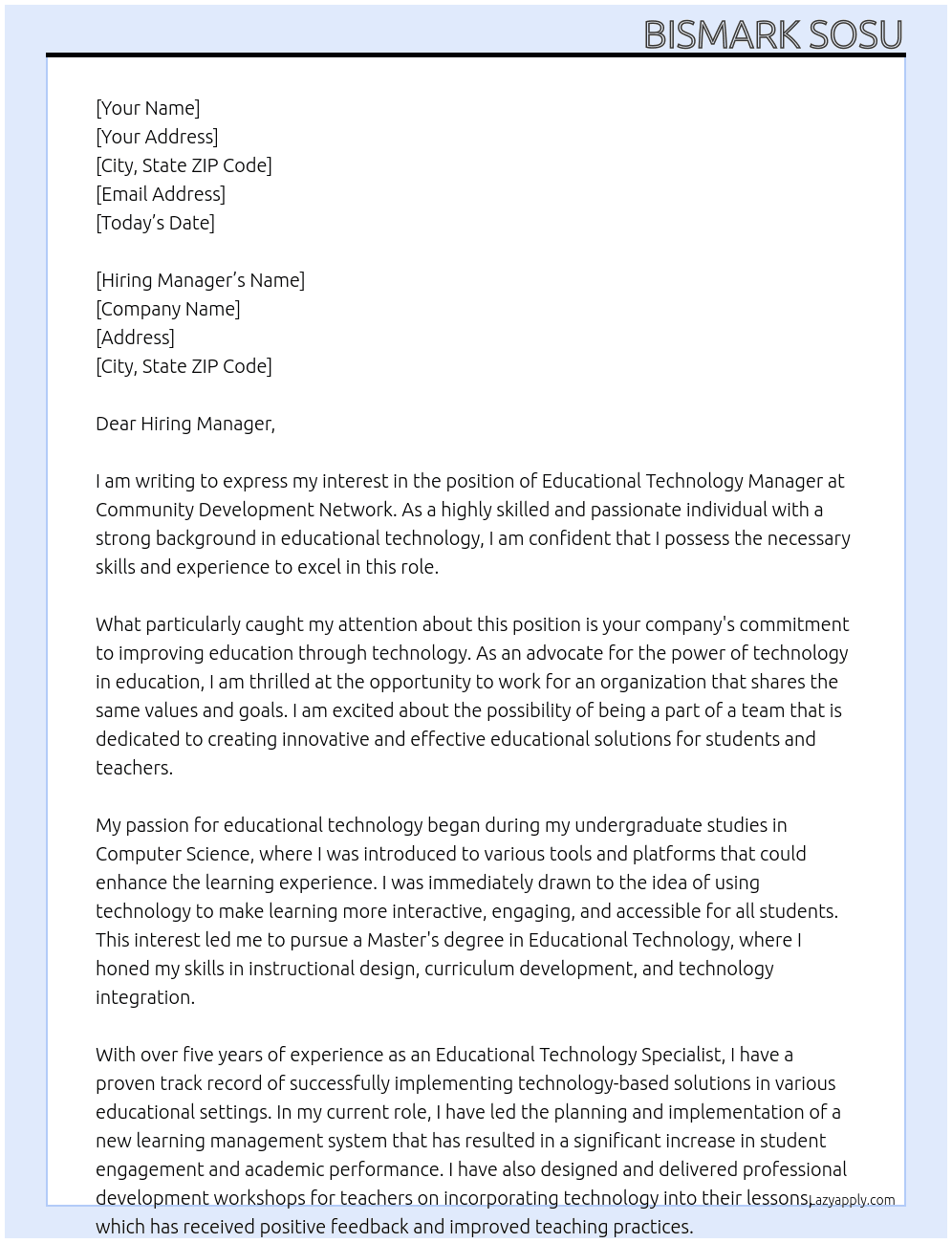 Educational Technology Manager At Community Development Network Cover Letter