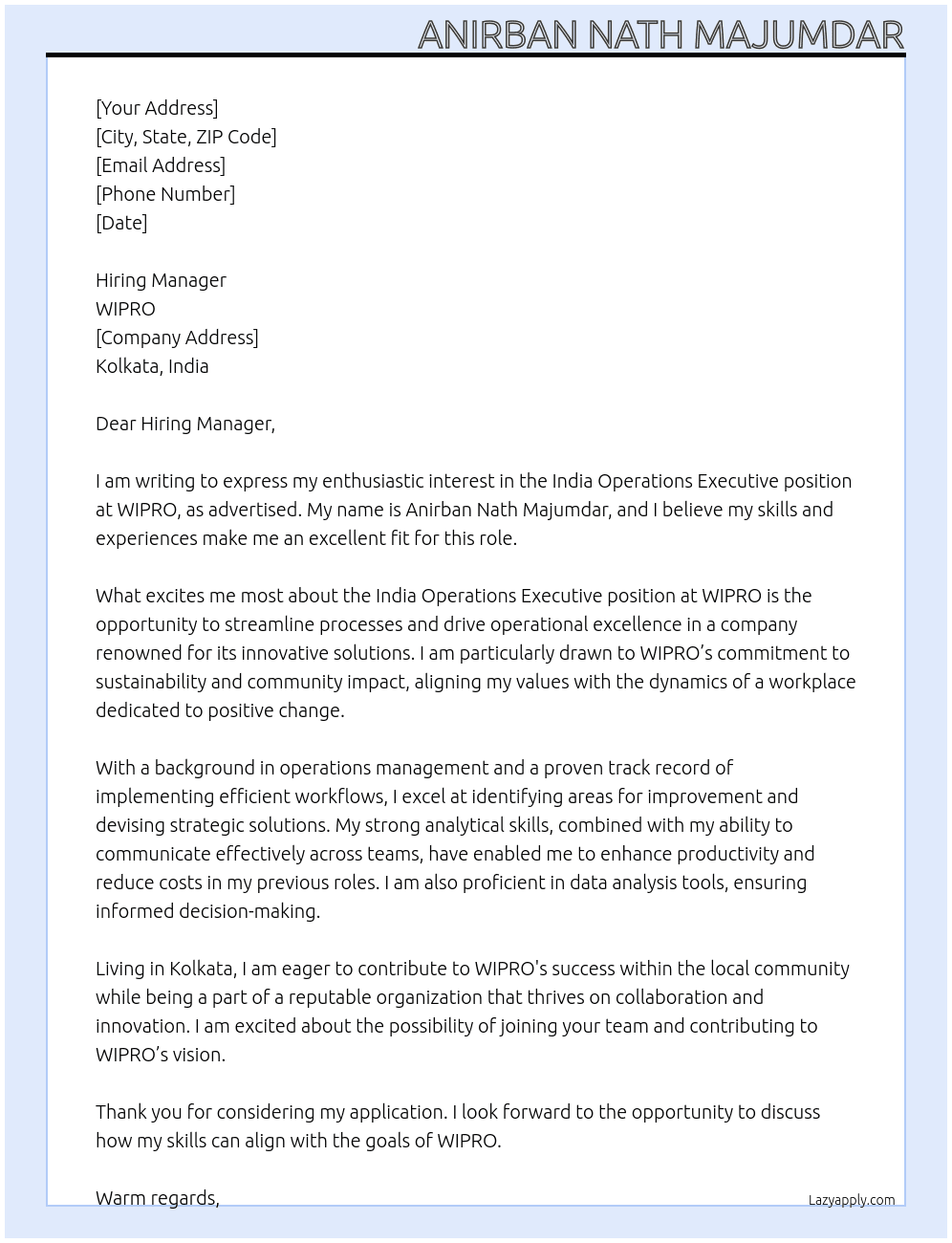Cover letter for india operations executive - LazyApply