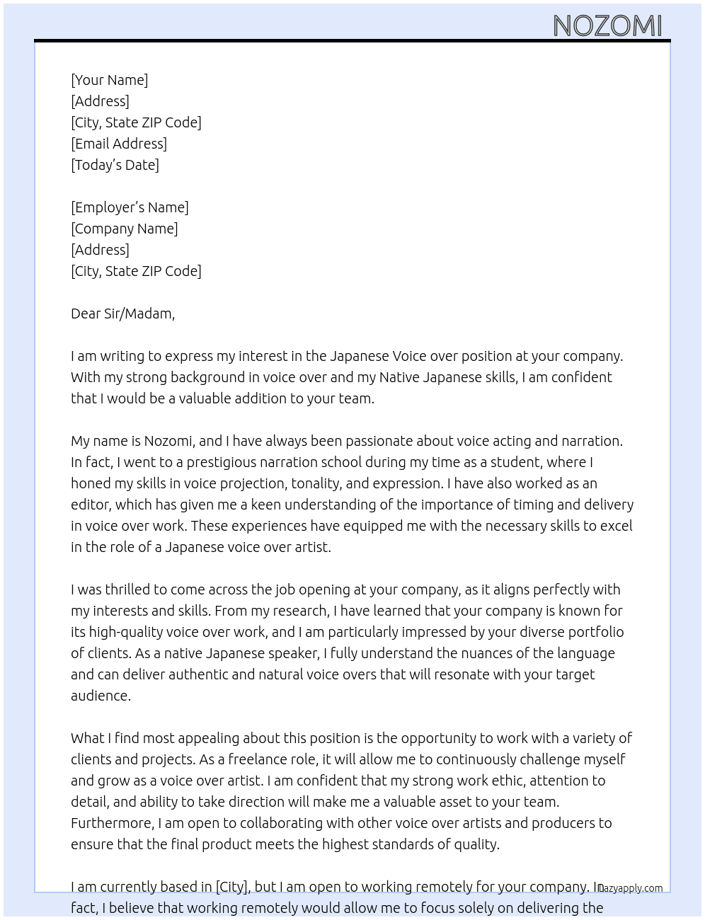 Japanese Voice over  At Sir/Madam Cover Letter