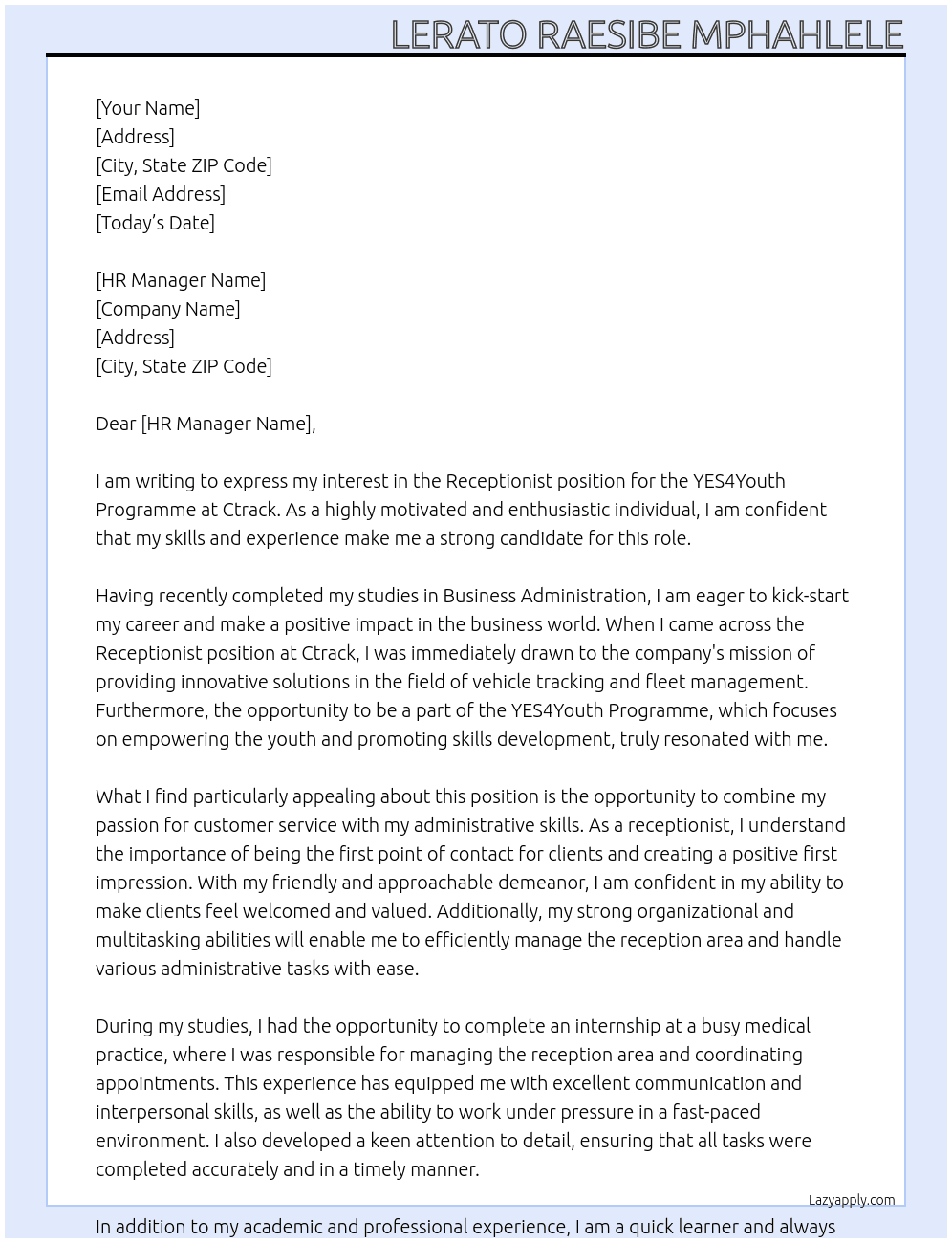 Receptionist YES4Youth Programme At Ctrack Cover Letter