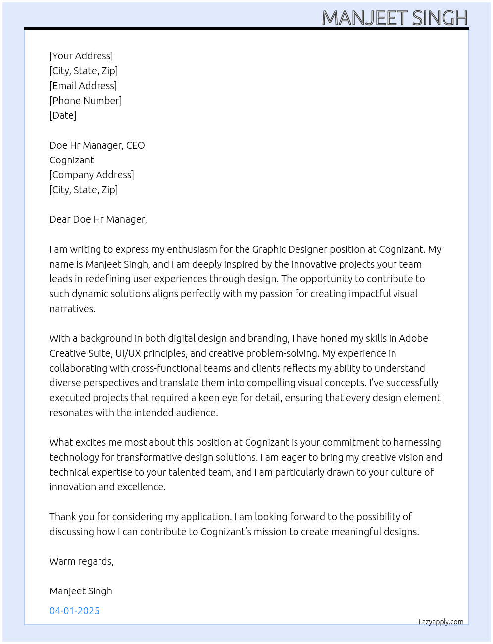 Graphic Designer At Cognizant Cover Letter