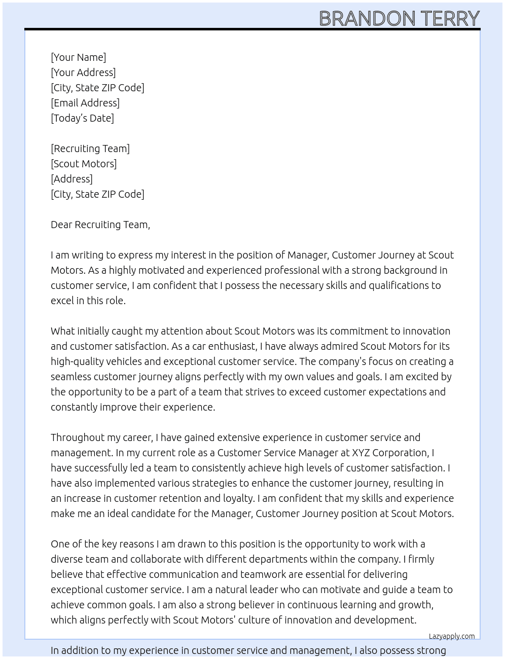 Manager, Customer Journey At Scout Motors Cover Letter