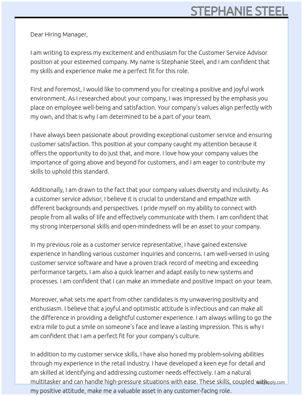 Customer Service Advisor At delete Cover Letter